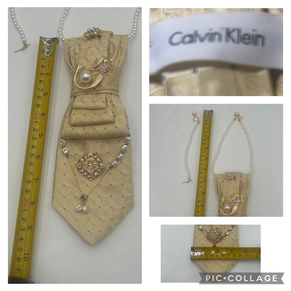 Calvin Klein 100% Silk Tie Necklace Mermaid Pearl Embellished Gold Champagne - Picture 6 of 12